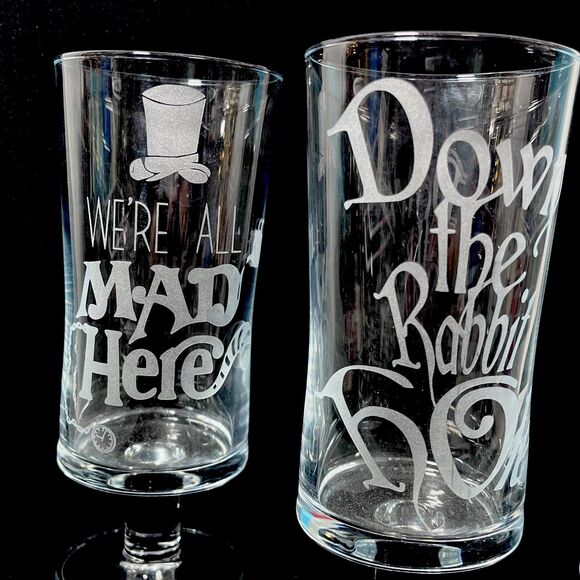Alice In Wonderland Parfait Etched Glass Set of 4 Custom Made Footed Clear OOAK - Picture 8 of 10